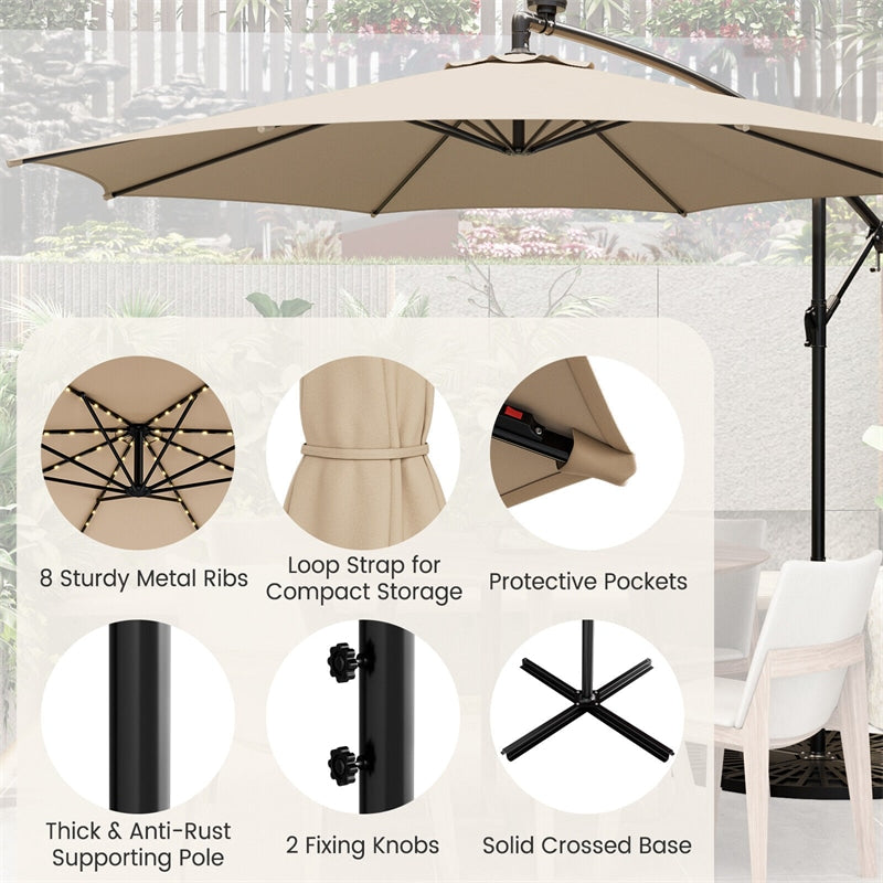 10FT Solar Lighted Cantilever Patio Umbrella Outdoor Offset Umbrella with 112 Solar Lights 8 Ribs Crank Tilt Adjustment