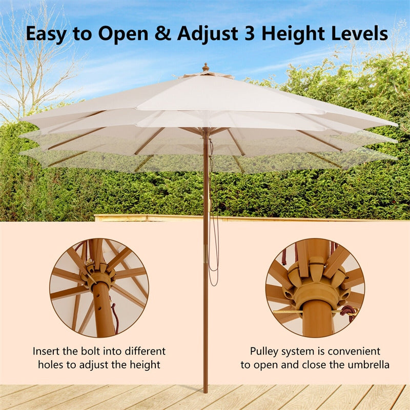 10FT Wooden Patio Umbrella Height Adjustable Table Market Umbrella with 8 Bamboo Ribs & Rope Pulley Lift