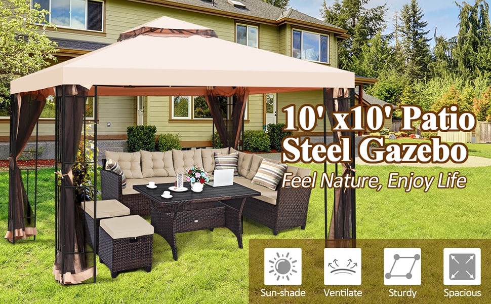10x10 FT 2 Tier Vented Steel Patio Gazebo Canopy with Netting Curtain