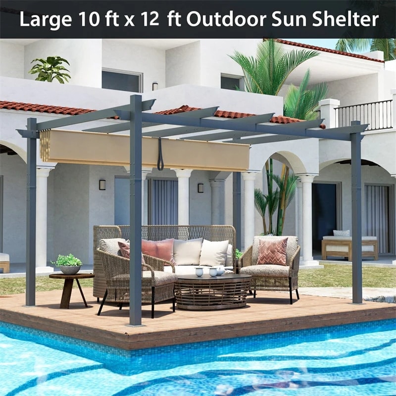 10x12ft Heavy-Duty Aluminum Outdoor Pergola Large Patio Shelter Pavilion with Retractable Sun Shade Canopy