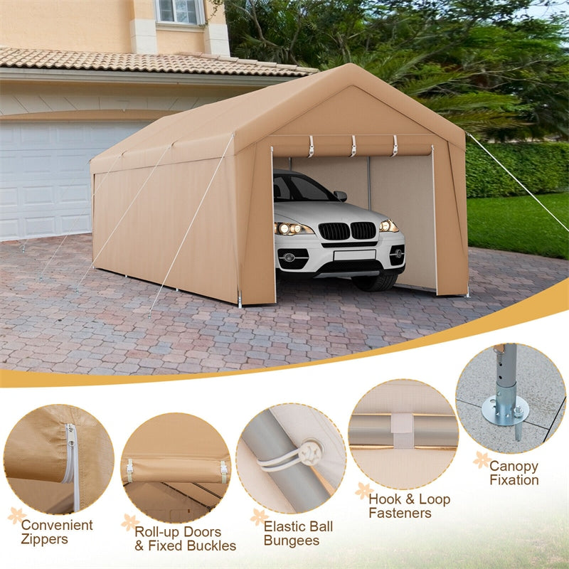 10x20FT Heavy Duty Carport Canopy Outdoor Car Shelter Portable Garage Tent with Removable Sidewalls & 2 Roll-up Zippered Doors