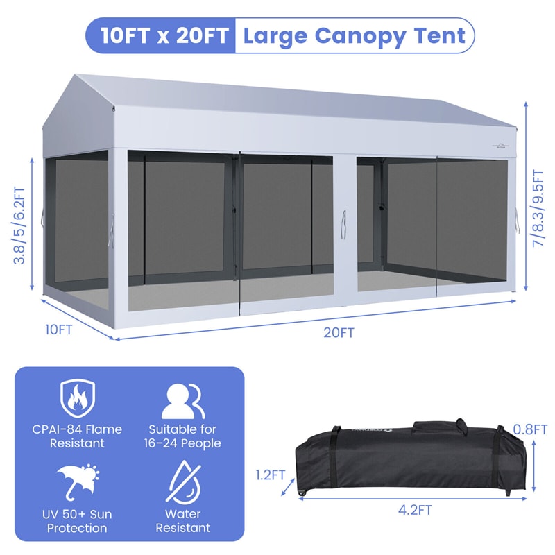 10x20 FT Pop-Up Canopy Party Tent Garage Car Shelter with Removable Screen Sidewalls & 2-Wheeled Storage Bag