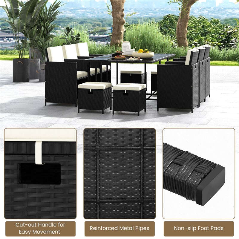 11 Piece Patio Dining Set Space Saving Wicker Chairs Tempered Glass Table Set Large Outdoor Conversation Furniture with Ottomans, Seat & Back Cushions