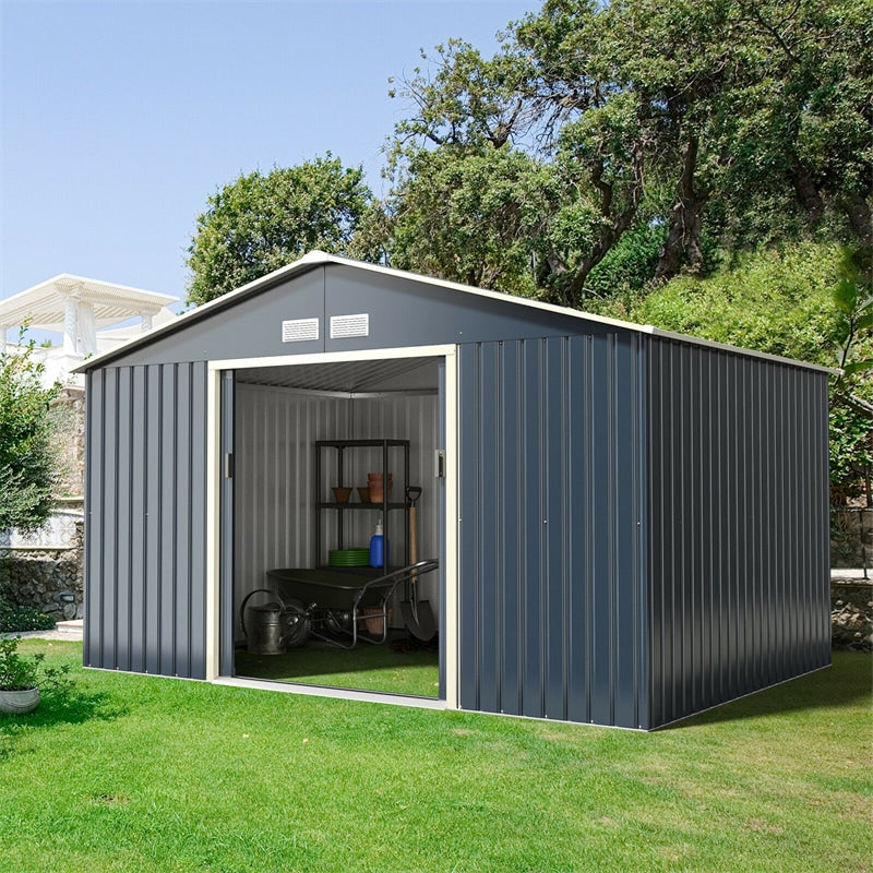 11' x 8' Outdoor Metal Storage Shed with 4 Vents & Sliding Double Lockable Doors for Garden Backyard