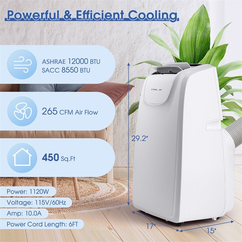 12000 BTU 3-in-1 Portable Air Conditioner with Cooling Fan Dehumidifier Function & Remote Control