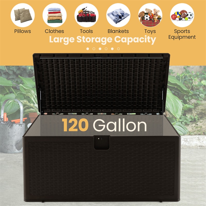 120 Gallon Resin Deck Box Outdoor Storage Box Patio Bin Container with Gas Struts for Furniture Cushions Garden Tools Toys