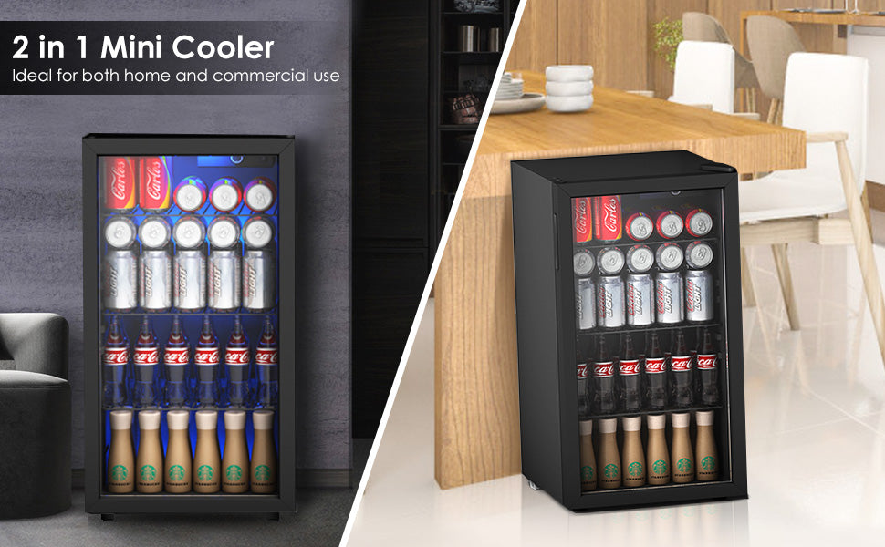 120 Can Mini Beverage Fridge Freestanding Beverage Refrigerator Beer Drink Cooler with Glass Door for Home Commercial Use