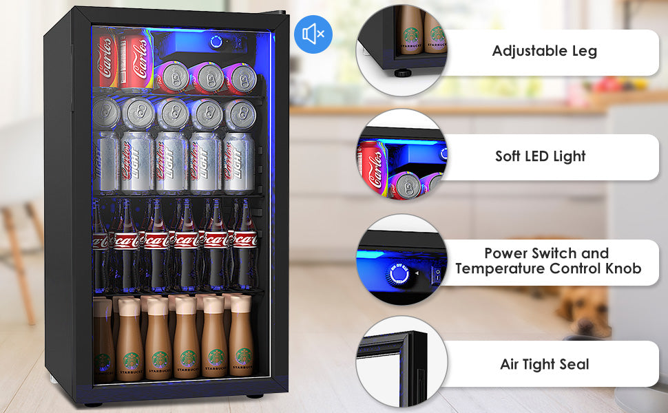 120 Can Mini Beverage Fridge Freestanding Beverage Refrigerator Beer Drink Cooler with Glass Door for Home Commercial Use