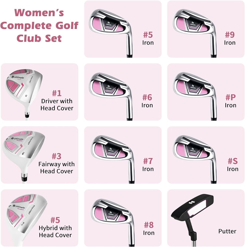12 Pieces Women’s Complete Golf Club Set Right Hand Golf Club Package Set with 460CC #1 Driver, Portable Golf Cart Bag & Rain Hood