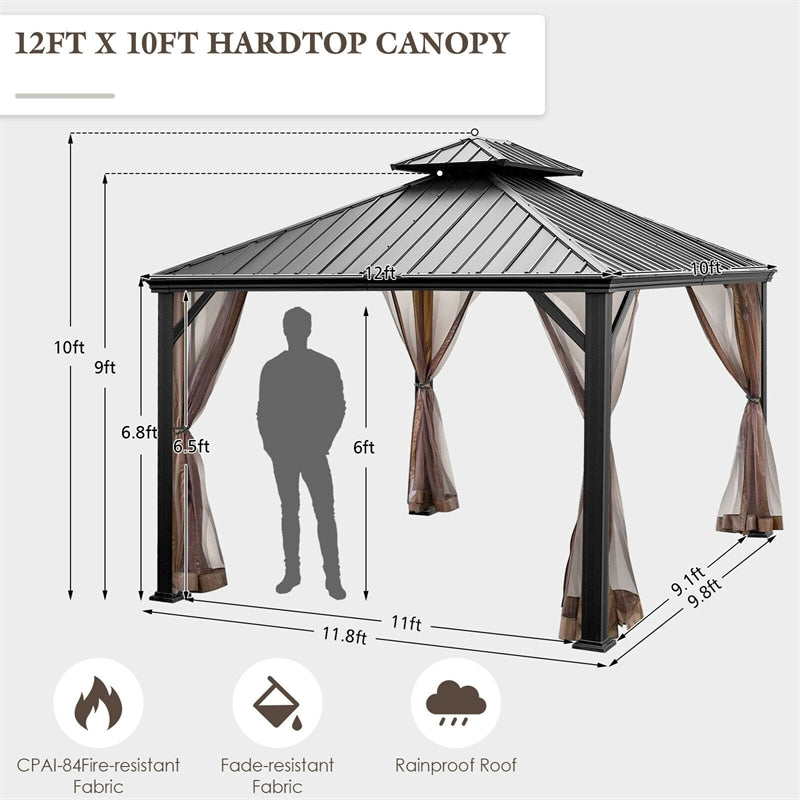 12' x 10' Hardtop Gazebo 2-Tier Outdoor Galvanized Steel Canopy w/ Double Vented Roof