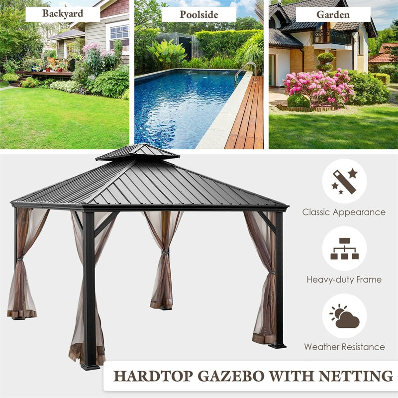 12' x 10' Hardtop Gazebo 2-Tier Outdoor Galvanized Steel Canopy w/ Double Vented Roof