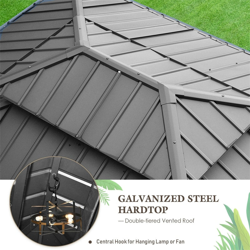 12' x 10' Hardtop Gazebo 2-Tier Outdoor Galvanized Steel Canopy w/ Double Vented Roof