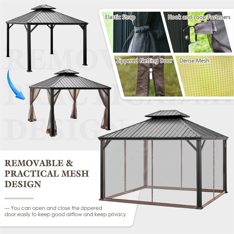 12' x 10' Hardtop Gazebo 2-Tier Outdoor Galvanized Steel Canopy w/ Double Vented Roof