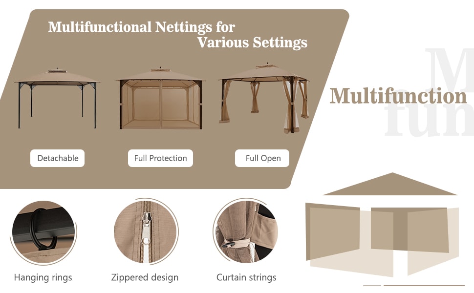 12' x 10' Outdoor Heavy Duty Patio Gazebo with Dual-Tiered Top & Netting Curtain