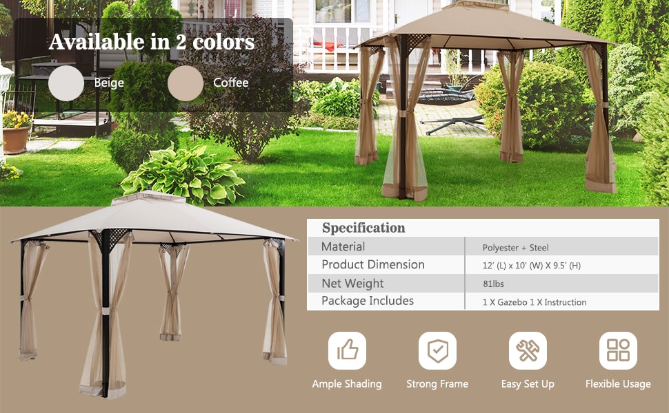 12' x 10' Outdoor Heavy Duty Patio Gazebo with Dual-Tiered Top & Netting Curtain