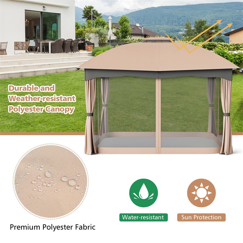 12' x 10' Heavy Duty Steel Patio Gazebo Double Vented Gazebo Canopy with Mesh Screen Netting & Zippered Privacy Curtains for Outdoor Garden