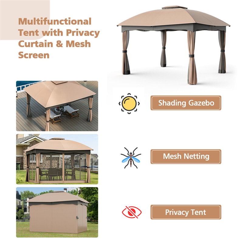 12' x 10' Heavy Duty Steel Patio Gazebo Double Vented Gazebo Canopy with Mesh Screen Netting & Zippered Privacy Curtains for Outdoor Garden