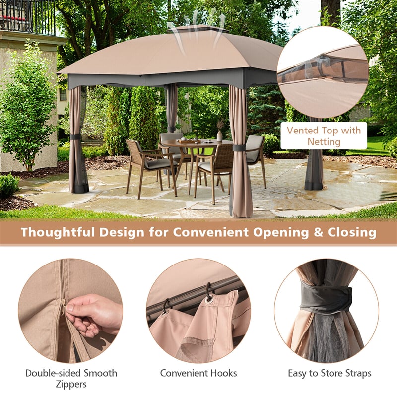 12' x 10' Heavy Duty Steel Patio Gazebo Double Vented Gazebo Canopy with Mesh Screen Netting & Zippered Privacy Curtains for Outdoor Garden