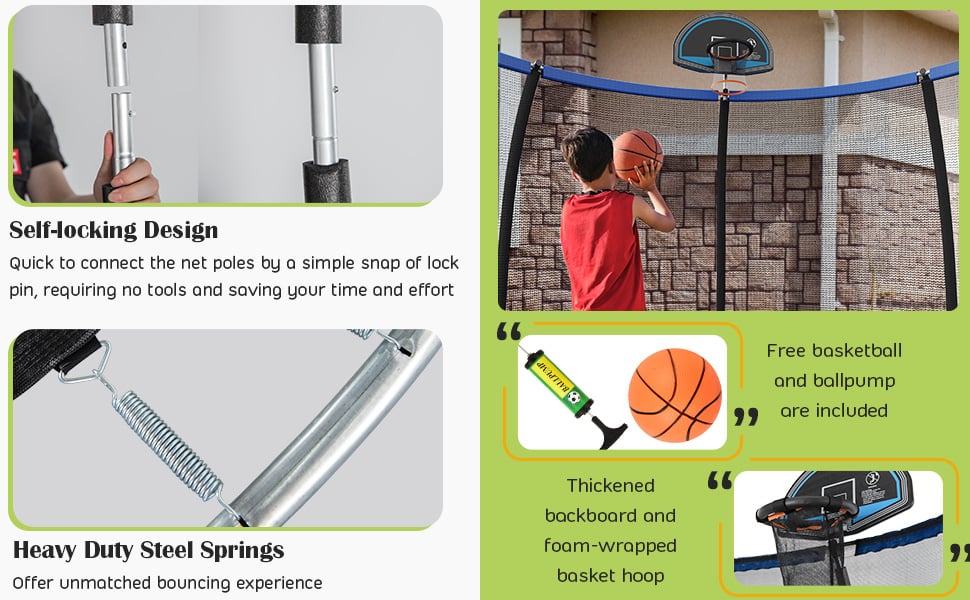 12FT Recreational Trampoline ASTM Approved Large Trampoline with Safety Enclosure Net Ladder Basketball Hoop & Ballpump
