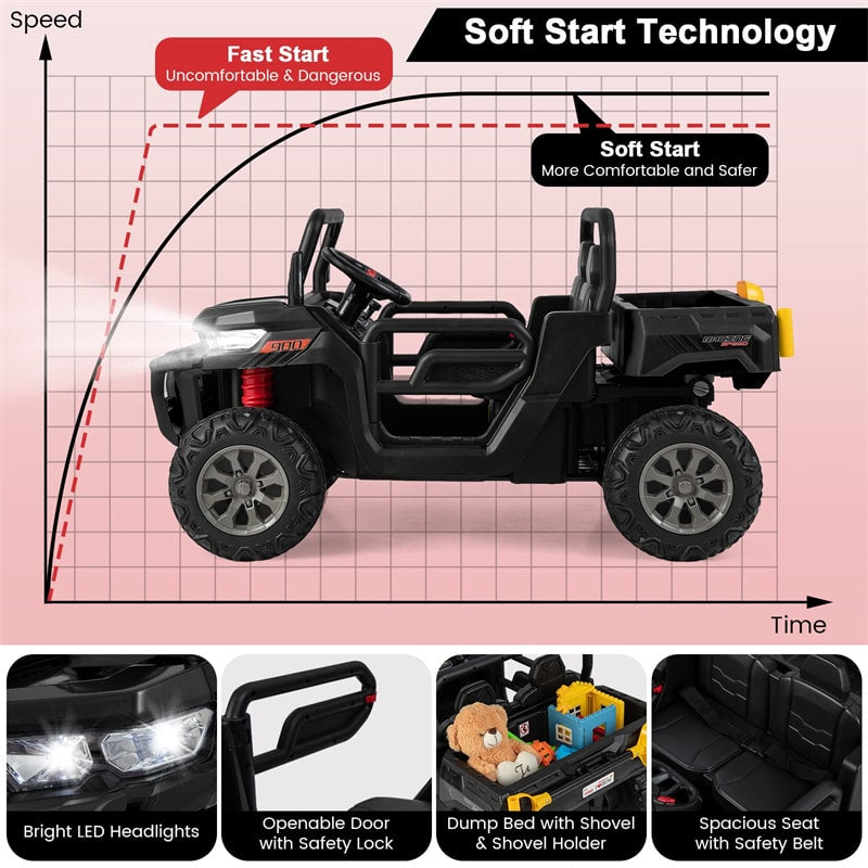 12V 2 Seater Ride On Dump Truck Kids UTV Car with Remote Control Electric Dump Bed Shovel Rocking Function