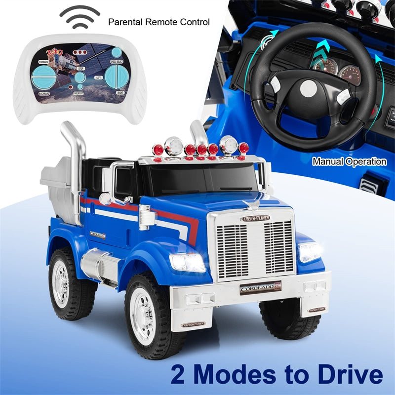 12V Freightliner Kids Ride on Dump Truck with Remote Control Rear Loader Easy-Drag System Lights Music