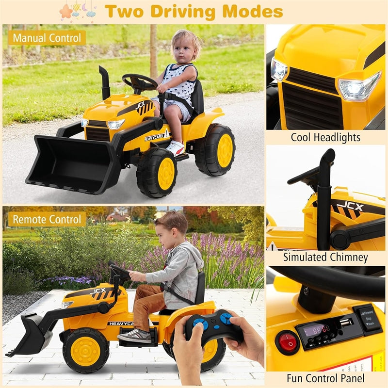 12V Electric Kids Ride On Excavator RC Bulldozer Construction Vehicle Wheel Loader Digger with Adjustable Digging Bucket & Headlights