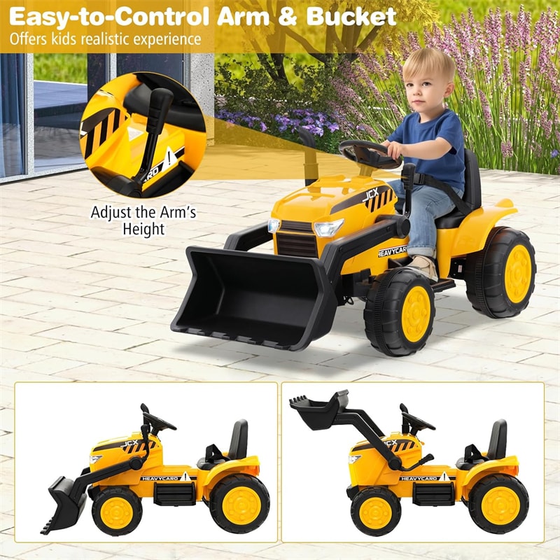 12V Electric Kids Ride On Excavator RC Bulldozer Construction Vehicle Wheel Loader Digger with Adjustable Digging Bucket & Headlights