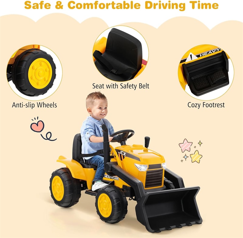 12V Electric Kids Ride On Excavator RC Bulldozer Construction Vehicle Wheel Loader Digger with Adjustable Digging Bucket & Headlights