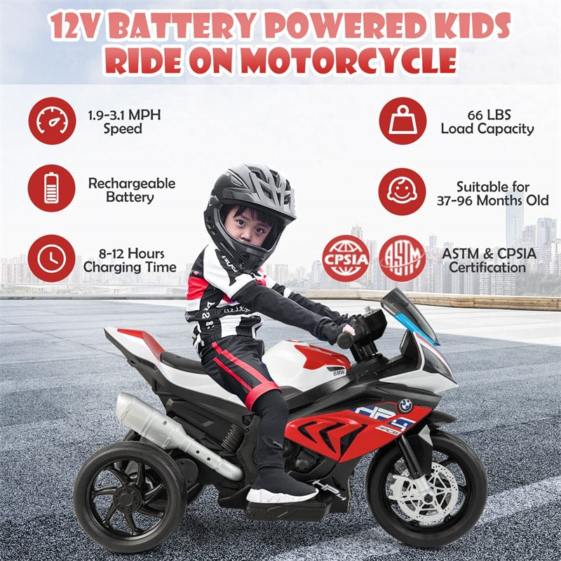 12V Kids Ride on Motorcycle Battery Powered 3 Wheels Motorcycle Toy with Headlight Music