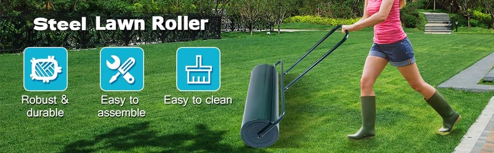 13 Gallon Lawn Roller 24" x 13" Push/Tow Behind Steel Yard Sod Roller Filled Water Sand with U Shaped Handle for Garden Backyard