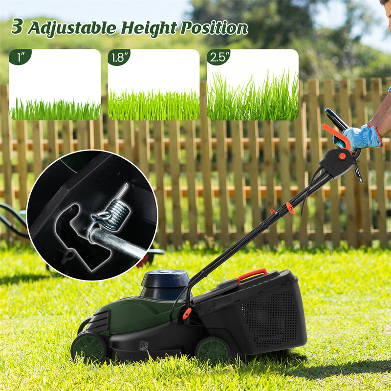 13" Corded Electric Lawn Mower 10-AMP 2-in-1 Walk-Behind Push Lawnmower with Collection Box & 3 Adjustable Height Position