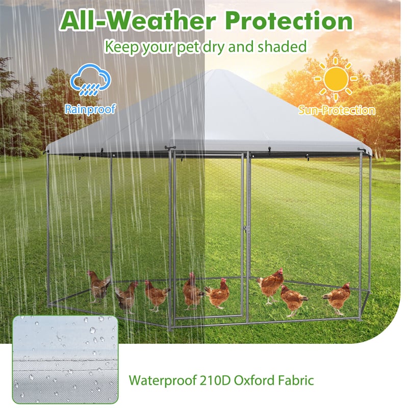 13FT Large Metal Chicken Coop Hexagon Walk-in Chicken Run Heavy Duty Galvanized Poultry Cage Hen House Rabbit Hutch with Waterproof Cover