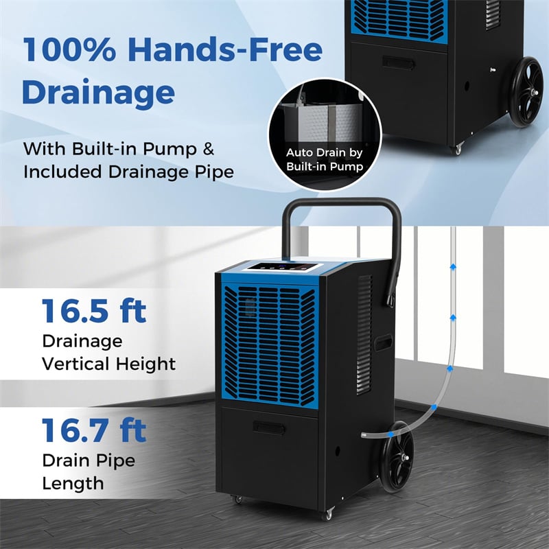 140 Pints Commercial Dehumidifier Crawl Space Dehumidifier Heavy Duty Portable Industrial Dehumidifier with Pump, Drain Hose & Wheels