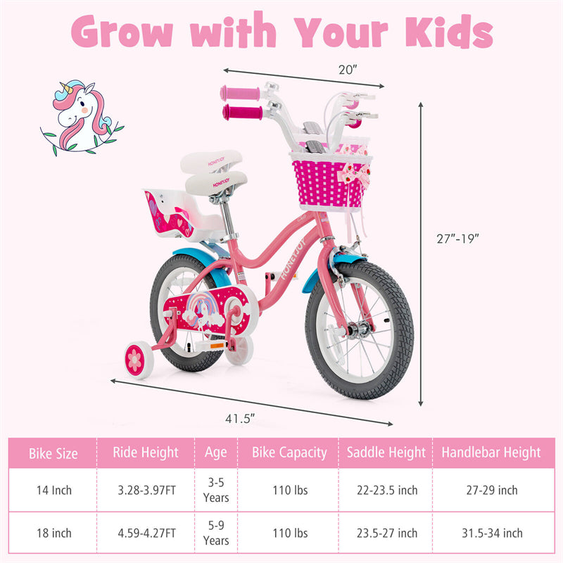 14 Inches Kids Bike Steel Frame Children Bicycle with Removable Training Wheels & Adjustable Seat