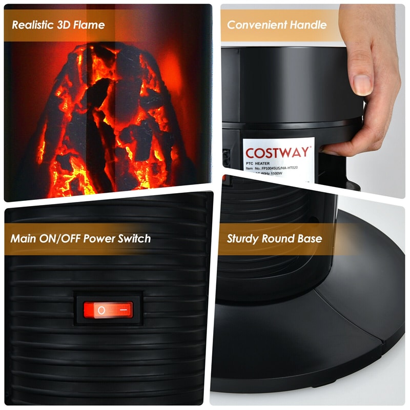 1500W PTC Ceramic Tower Space Heater with Remote Control and Realistic 3D Flame