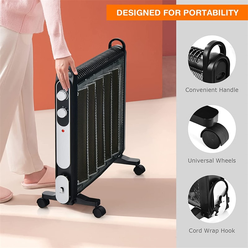 1500W Portable Electric Mica Space Heater with Adjustable Thermostat and Wheels