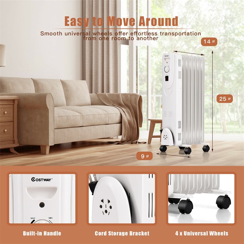 1500W Portable Oil Filled Radiator Heater with 3 Heating Modes Universal Wheels