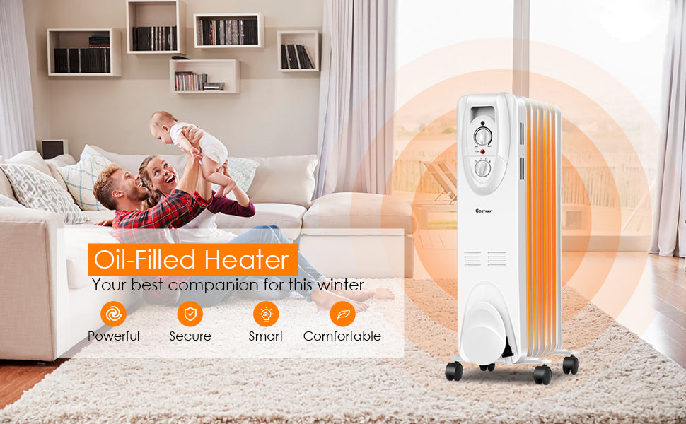 1500W Portable Oil Filled Radiator Heater with 3 Heating Modes Universal Wheels
