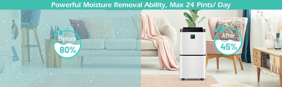 1500 Sq. Ft 24 Pints Portable Dehumidifier for Medium to Large Rooms Basements with 3-Color Indicator Lights & 4 Wheels