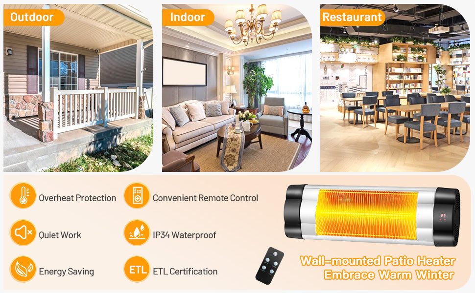 1500W Wall-Mounted Patio Heater Electric Infrared Outdoor Heater with Remote Control, 3 Adjustable Modes & Overheat Protection