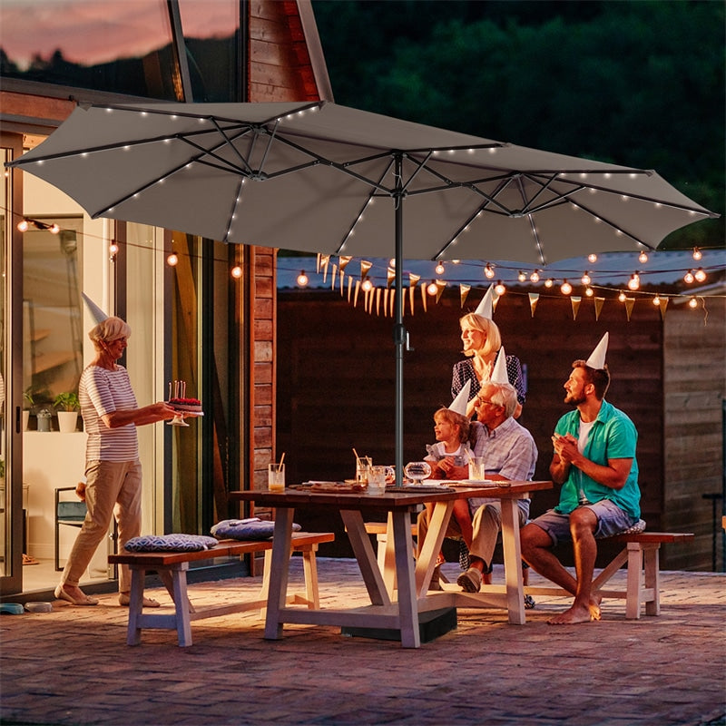 15 FT Outdoor Double-Sided Patio Umbrella with 48 Solar LED Lights & Umbrella Base