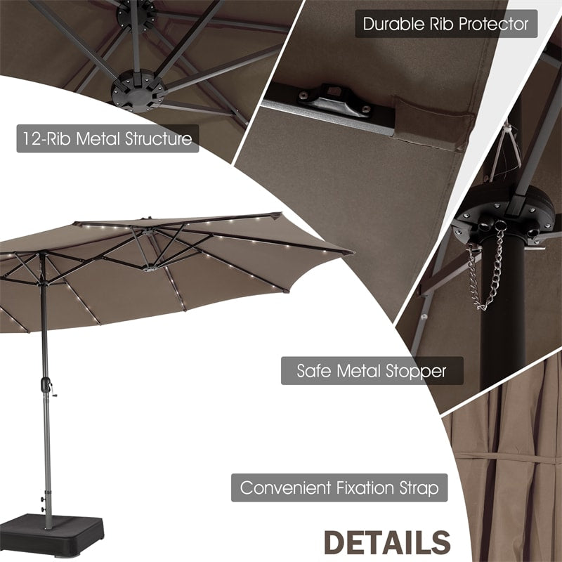 15 FT Outdoor Double-Sided Patio Umbrella with 48 Solar LED Lights & Umbrella Base