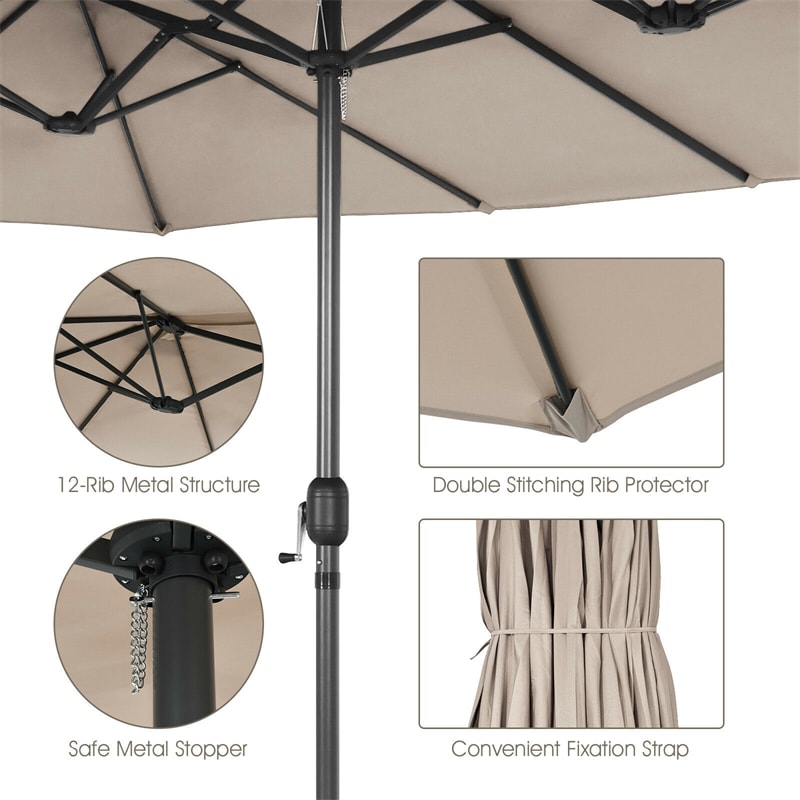 15Ft Double-Sided Patio Umbrella Market Outdoor Twin Umbrella with Hand-Crank System