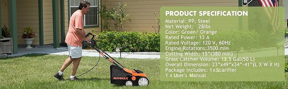 15" 13Amp Corded Scarifier 2-in-1 Electric Lawn Dethatcher with 4 Cutting Heights, 13.5 Gallon Collection Bag  & 2 Removable Blades