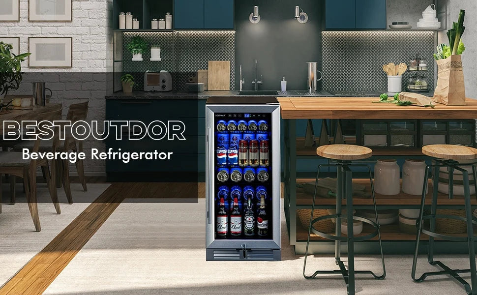 15" Beverage Refrigerator 100-Can Wine Beer Cooler Built-In/Freestanding Mini Drink Fridge with Glass Door & Removable Shelves
