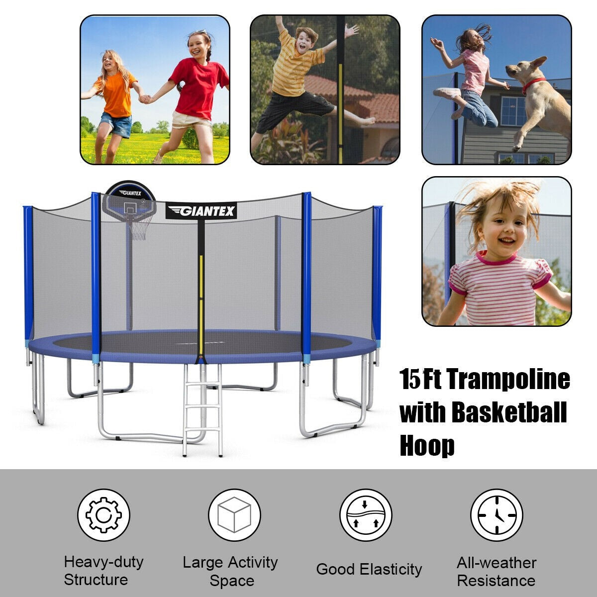 15 ft Round Trampoline with Safety Enclosure Net and Basketball Hoop