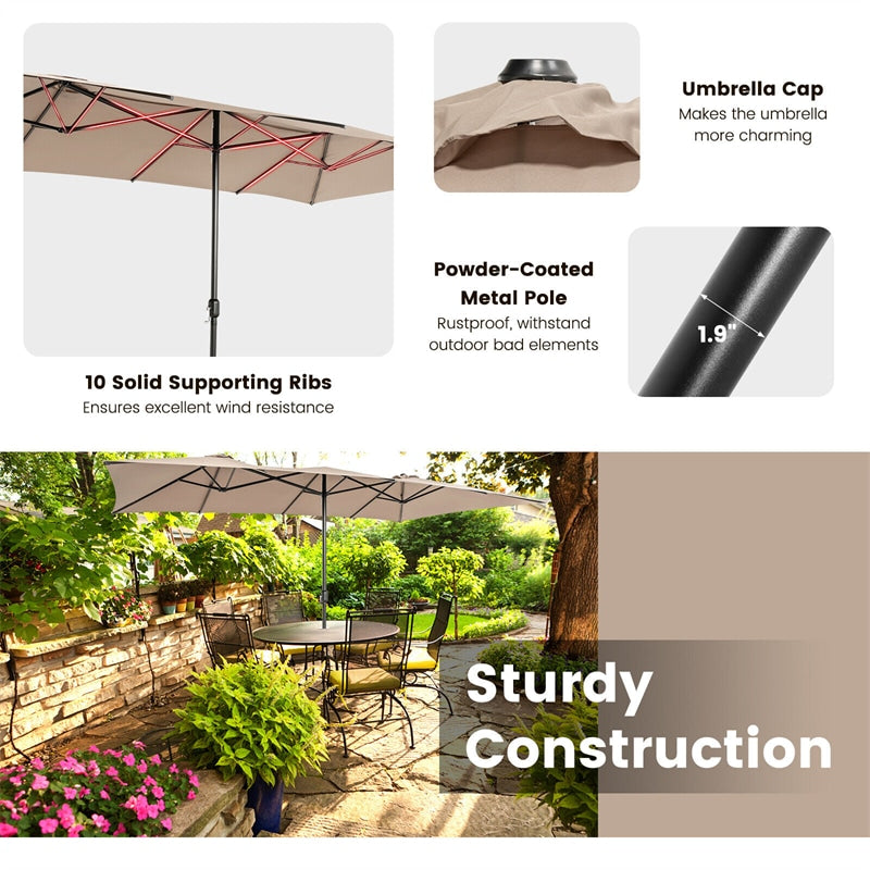 15FT Double-Sided Patio Market Umbrella Large Outdoor Twin Umbrella with Crank Handle & Vented Tops for Poolside Deck Lawn Garden