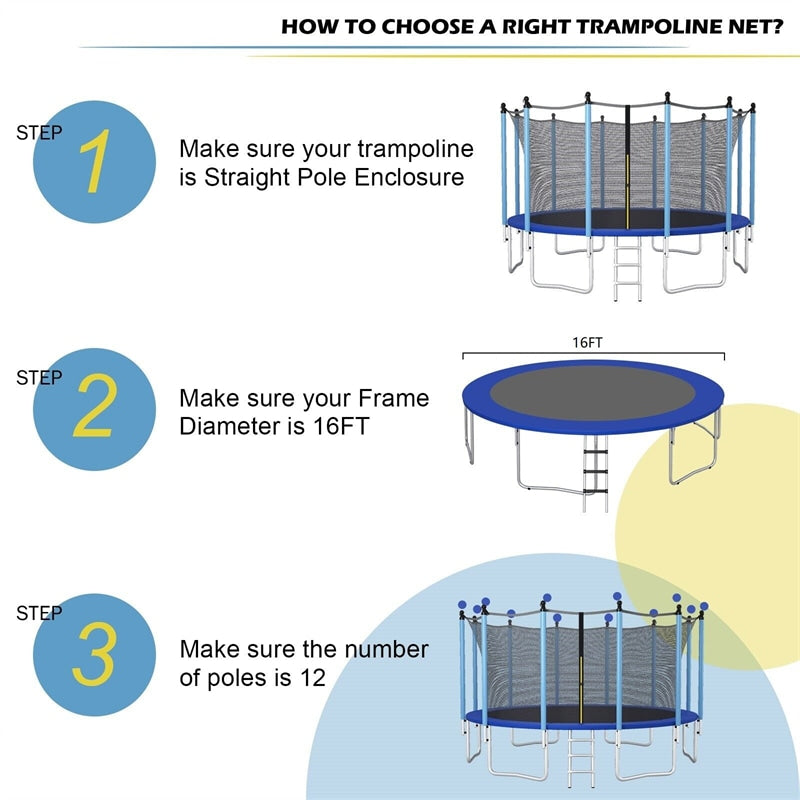 16FT Trampoline Net Replacement Weather-Resistant Trampoline Safety Enclosure with Double-Headed Zipper for 12 Poles