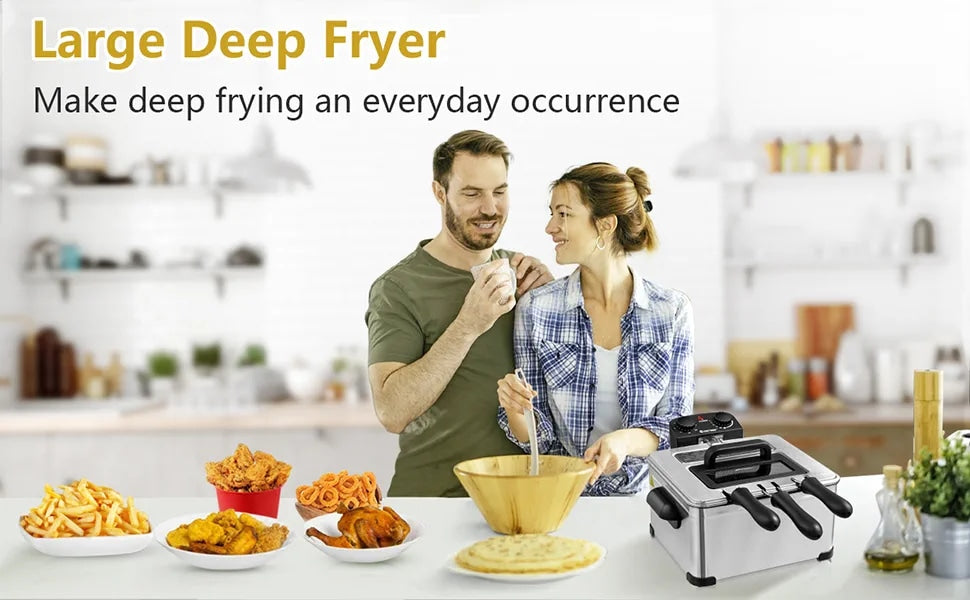 1700W Electric Deep Fryer 5.3QT/21-Cup Stainless Steel Fryer with Heating Element & Triple Basket