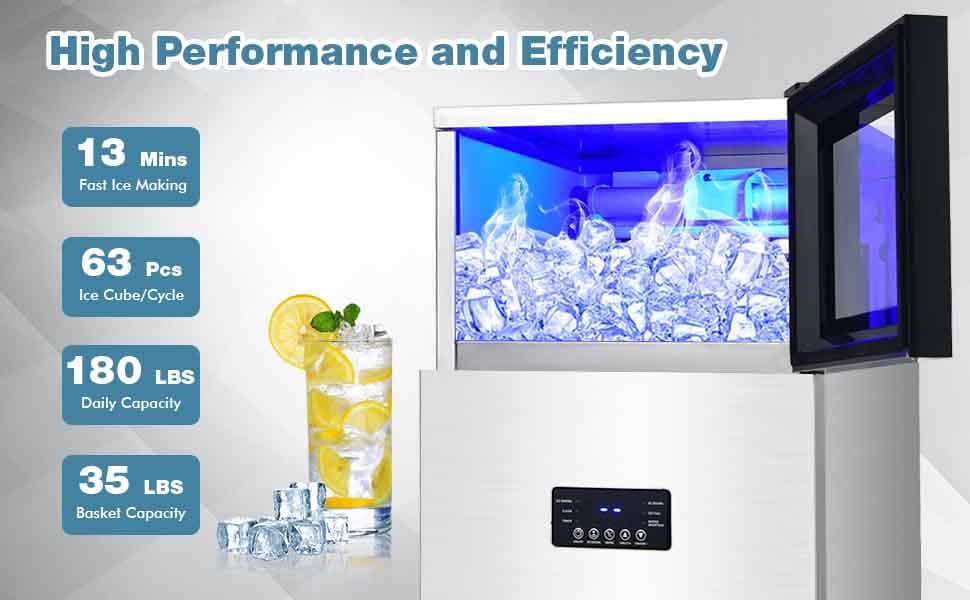 180LBS/24H Stainless Steel Commercial Ice Maker Machine with Self-Cleaning Function